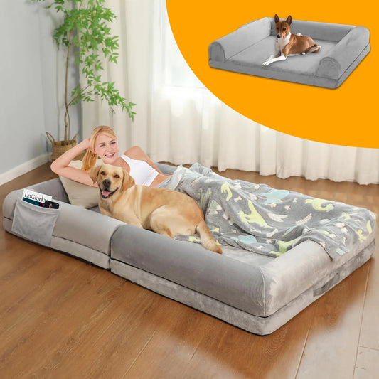 Human Size Dog Bed for Adult72"x43"x9.5" Giant Dog Bed Extra Large Bean Bag Bed for Adult & Pets Human Pet Bed with Blanket Foldable Napping Bed for Room Office or Camp Washable Faux Fur